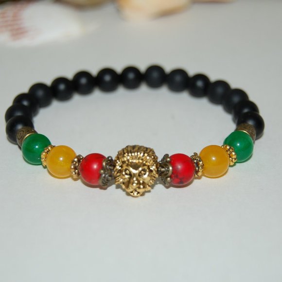 Lion Bracelet,Rasta Bracelet,8mm Gemstone Beads,Onyx Gemstone Bracelet - Picture 3 of 3